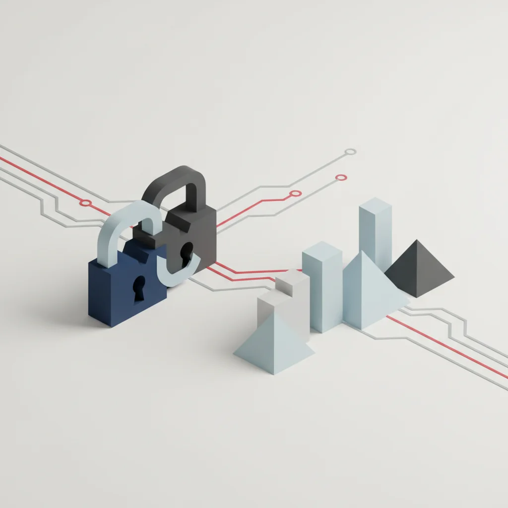 A conceptual illustration showing structured lock symbols, data pipelines, and cost charts interacting under a single secure canopy.