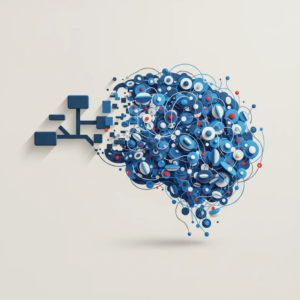 A symbolic visual representation of data nodes transitioning from a rigid structured matrix into a fluid, neural network of nodes in dark corporate tones.