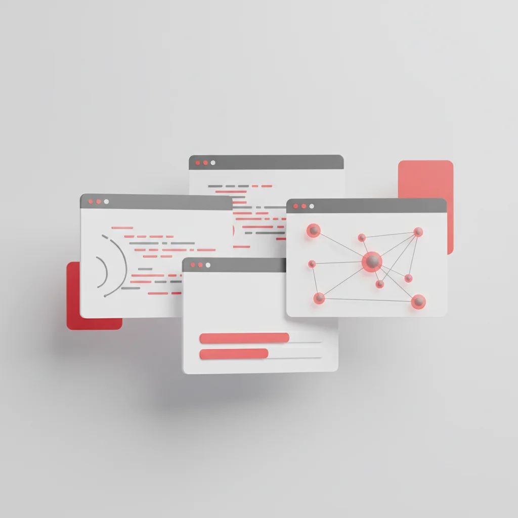 A minimalist digital workspace illustrating analytical screens, code blocks, and data flow lines