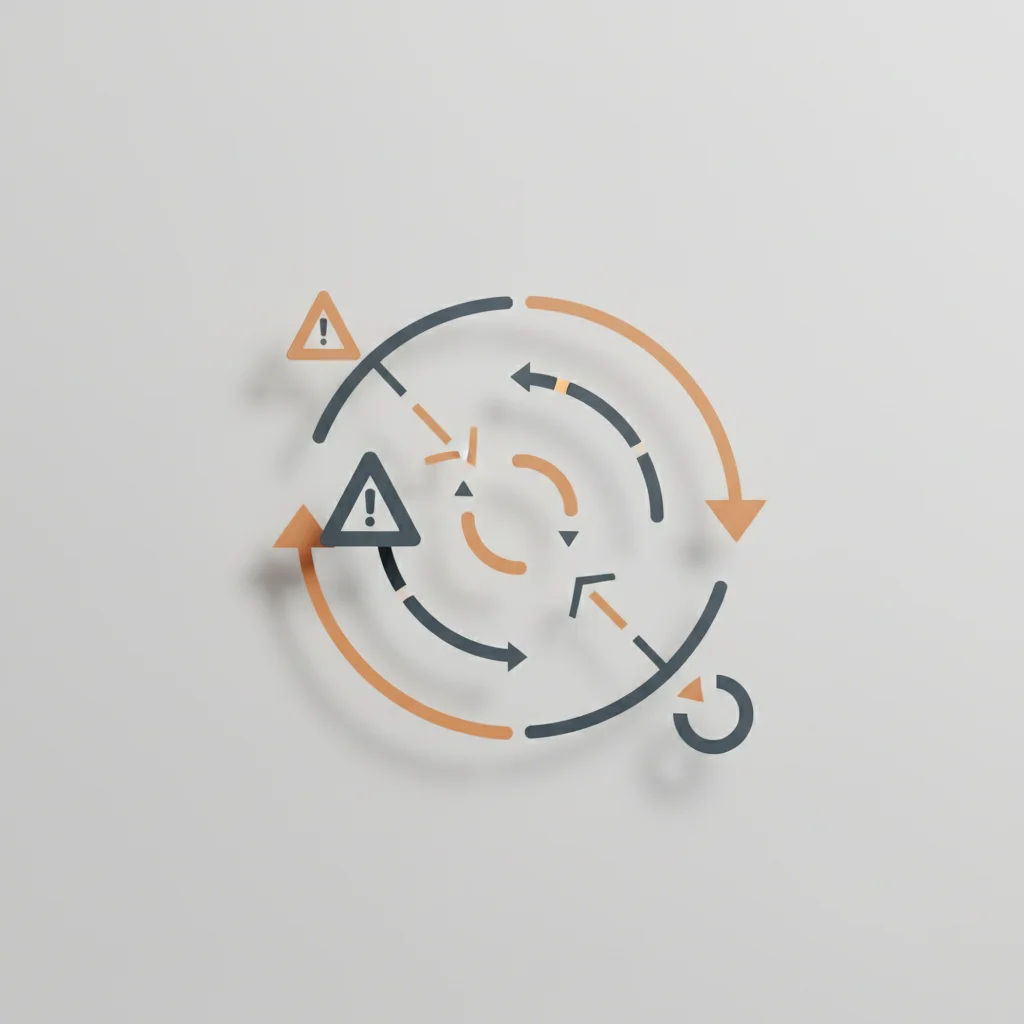 An abstract editorial illustration showing broken connections and circular flows being repaired in a digital system