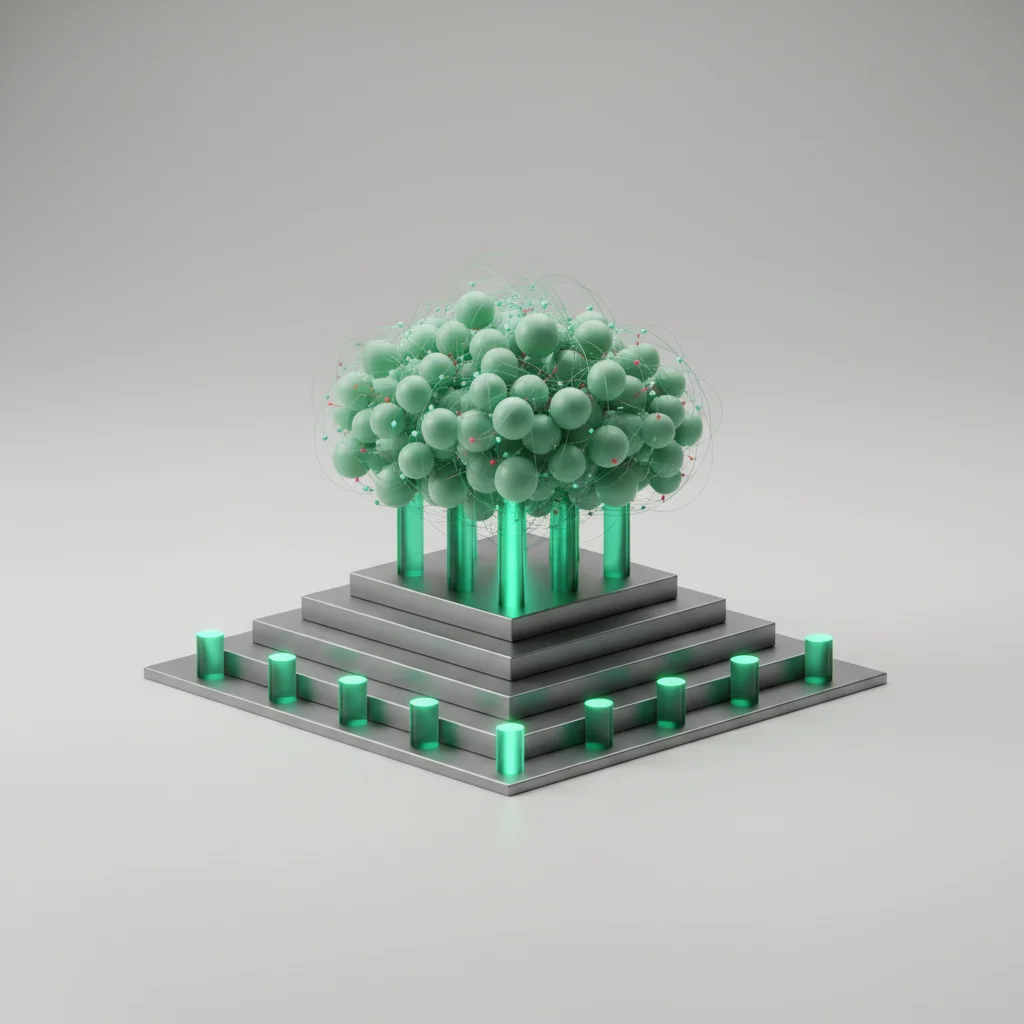 A symbolic editorial illustration showcasing a structured, multi-tiered classical foundation made of glowing digital pillars supporting an abstract cloud of interconnected conceptual nodes