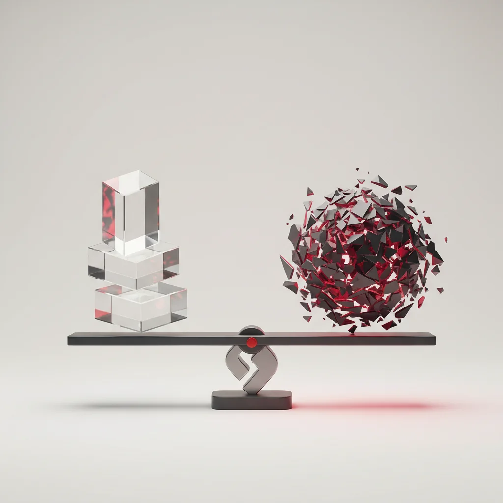 A symbolic editorial illustration depicting a delicate balance beam where structured, crystal-clear prisms are weighed against fractured, distorted shards of light