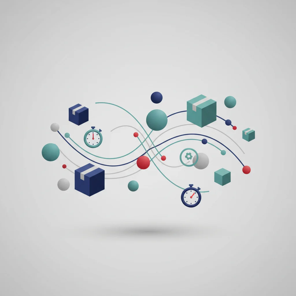 A symbolic abstract illustration representing logistics planning, packages of different dimensions, and route networks.