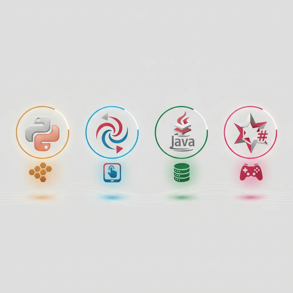 An artistic layout displaying the diverse application domains of core programming languages.
