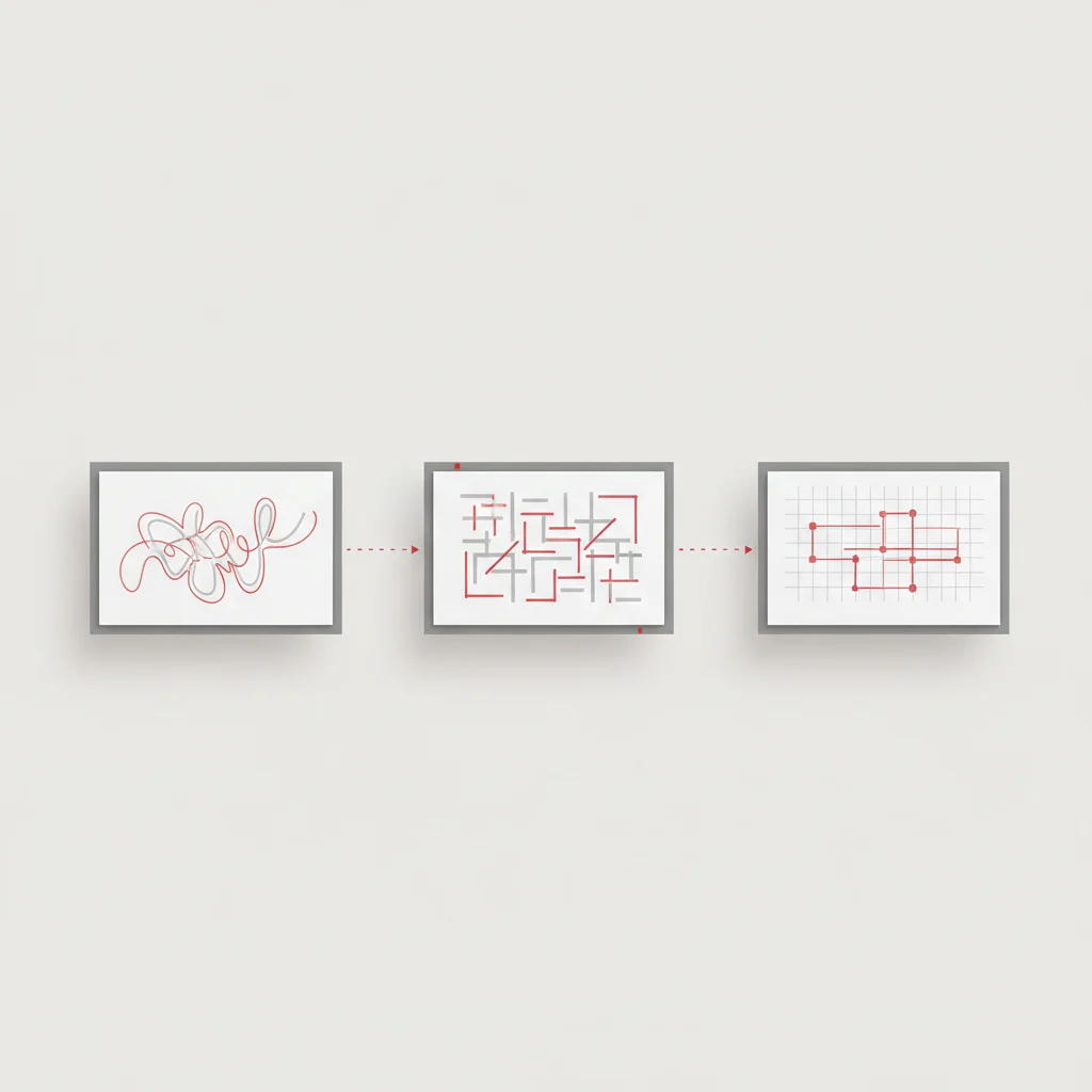 An editorial graphic representing the phased progression of a design system from research to deployment