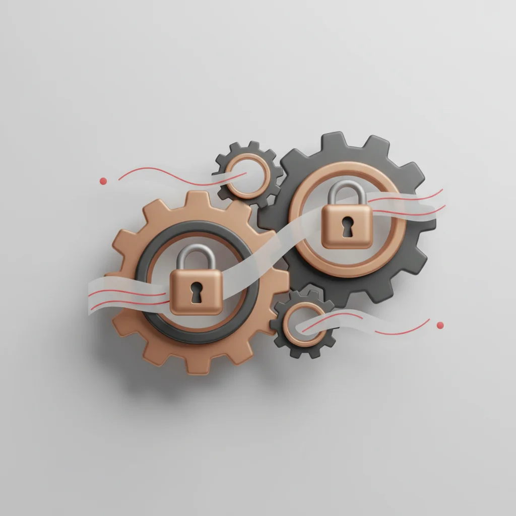 An editorial graphic of interlocking mechanical dials, data streams, and safe padlock shapes rendered in dark graphite and subtle bronze tones, symbolizing secure, high-performance web engineering.