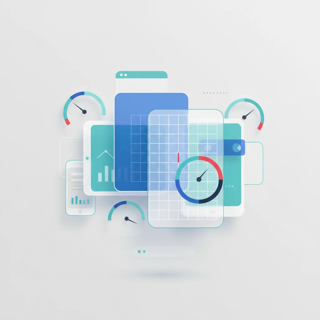 An abstract editorial graphic showing clean, overlapping translucent layout grids in blue and teal tones, showing fluid adaptation to desktop, tablet, and smartphone profiles under speed dial indicators.