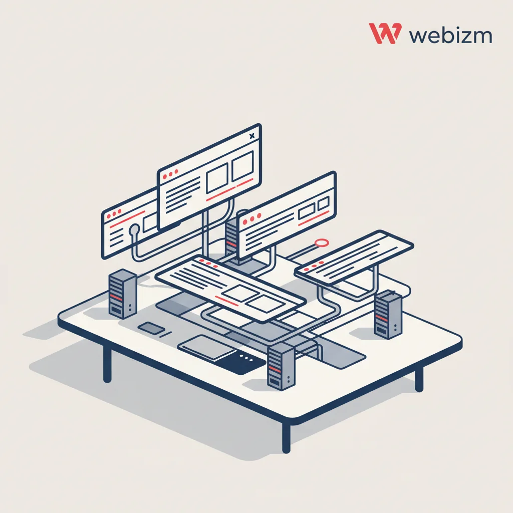 Minimalist corporate workspace with blueprint sketches of website wireframes, a notebook showing site architecture nodes, and server tower silhouettes in the background, rendering a sophisticated professional atmosphere.