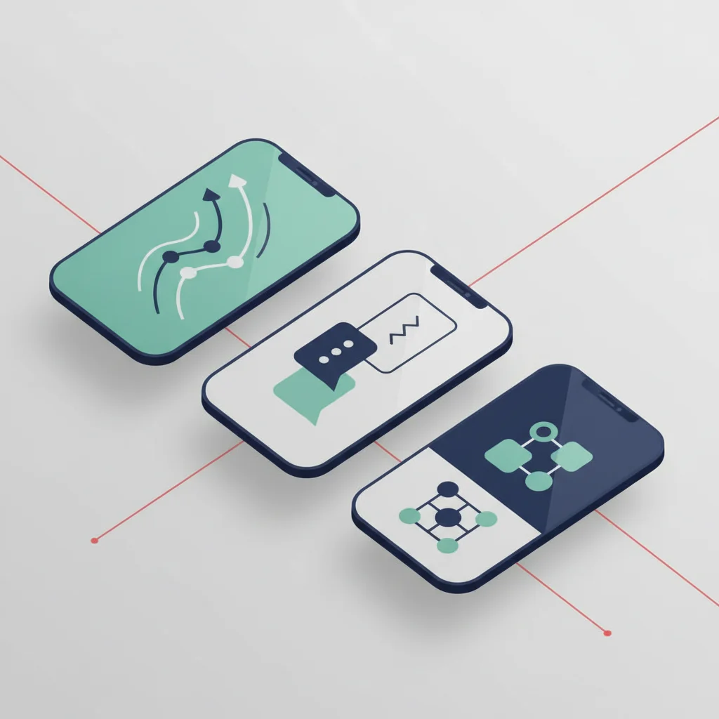 An editorial illustration showing a series of overlapping sleek screen mockups displaying clear, readable value propositions.
