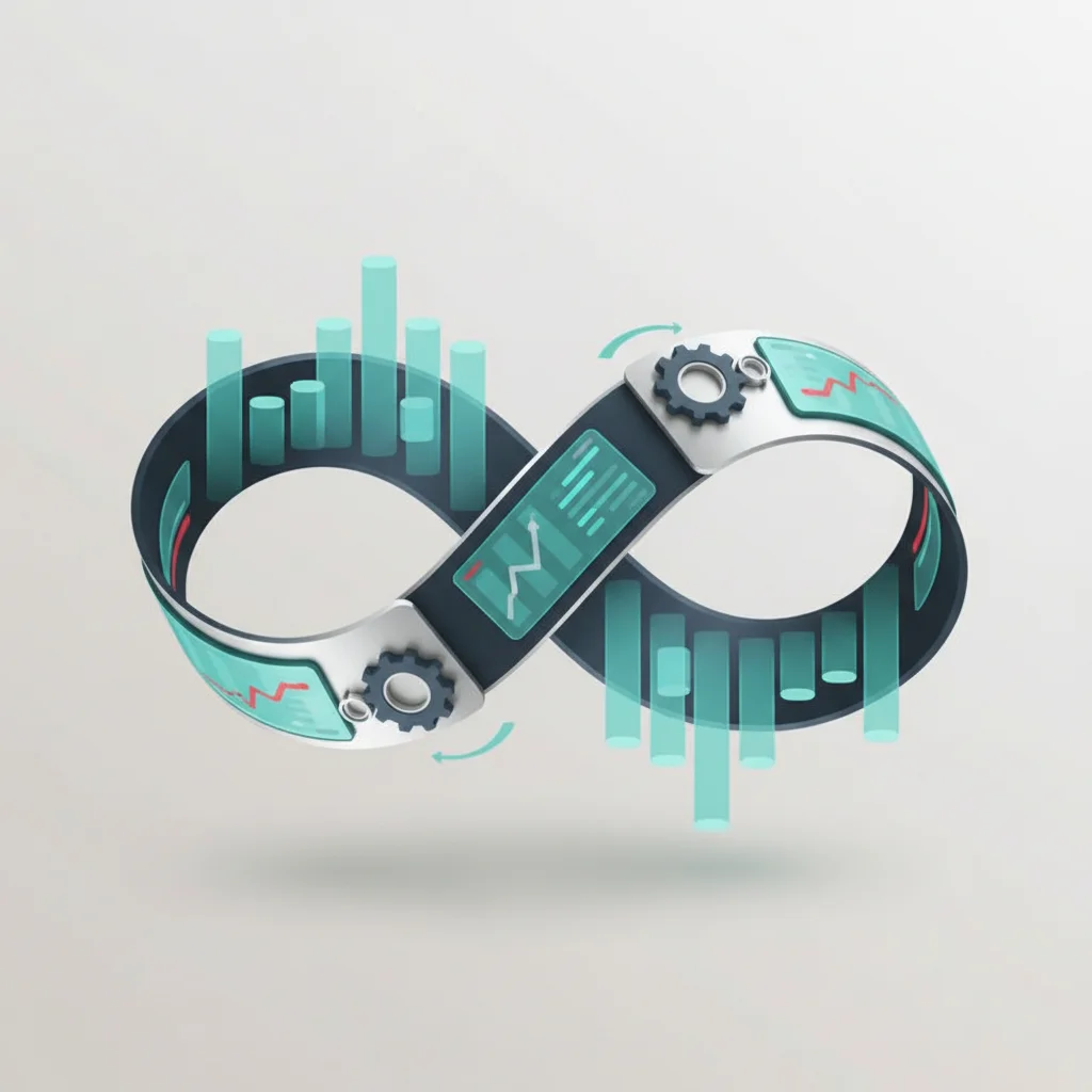 An editorial illustration showing a cyclical loop of performance optimization, data analytics, and visual testing.