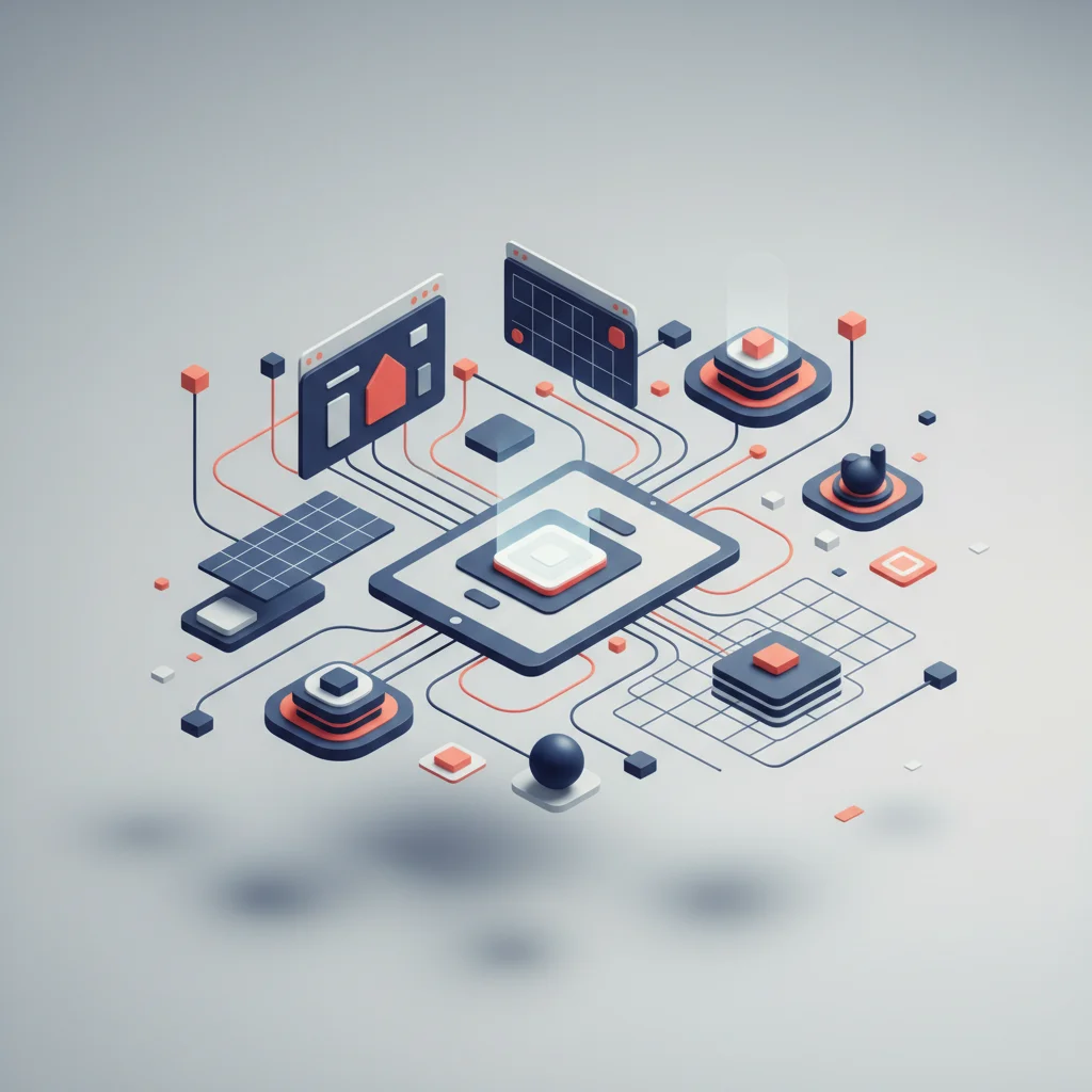 An editorial illustration showing abstract symbols representing modern design software, layout builders, and assets.