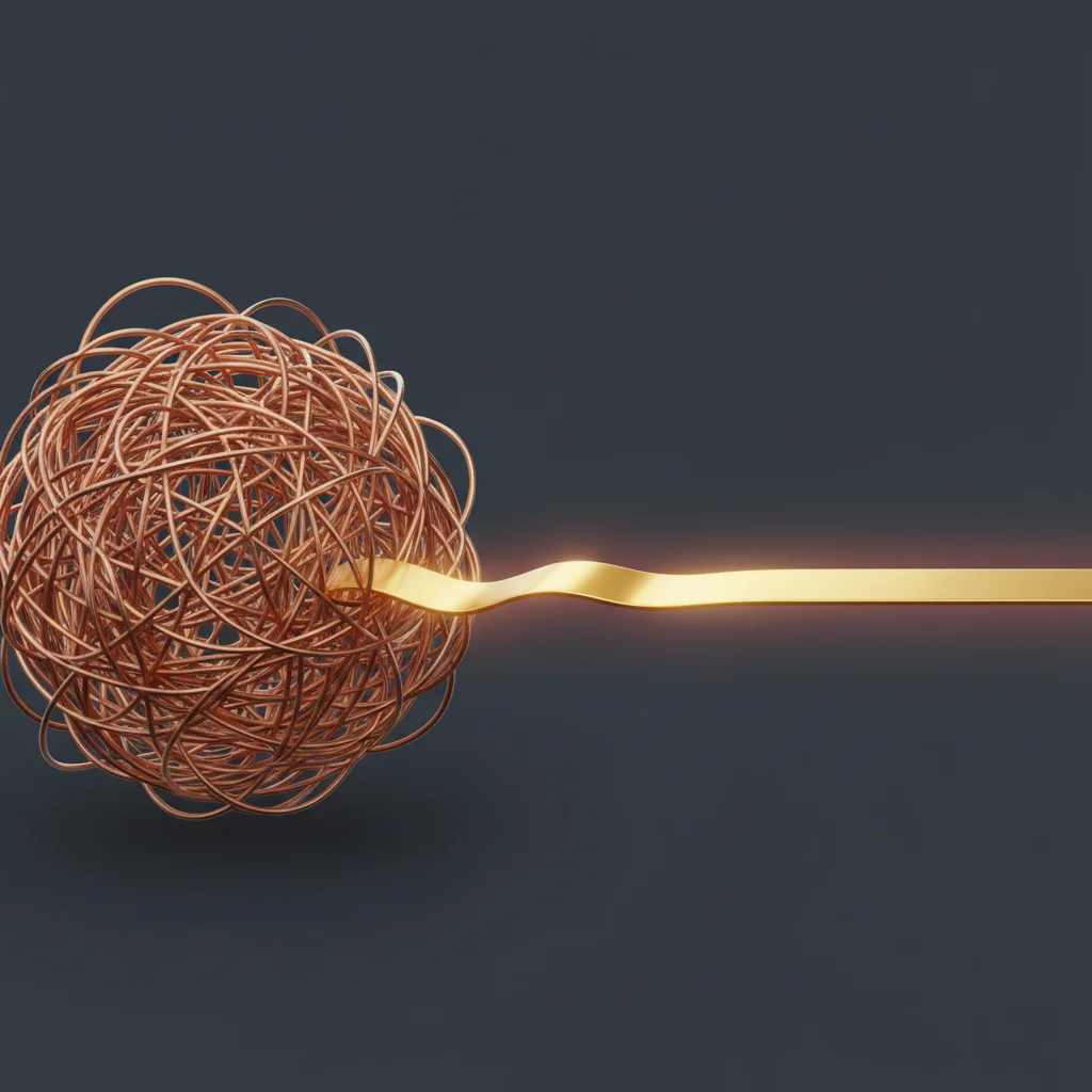 An abstract symbolic illustration depicting the untangling of complex lines into clear, direct paths.