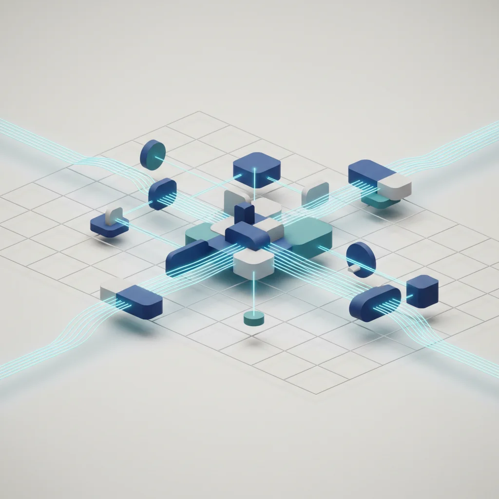 A symbolic editorial illustration depicting logical pathways, network nodes, and connected structural nodes representing website navigation