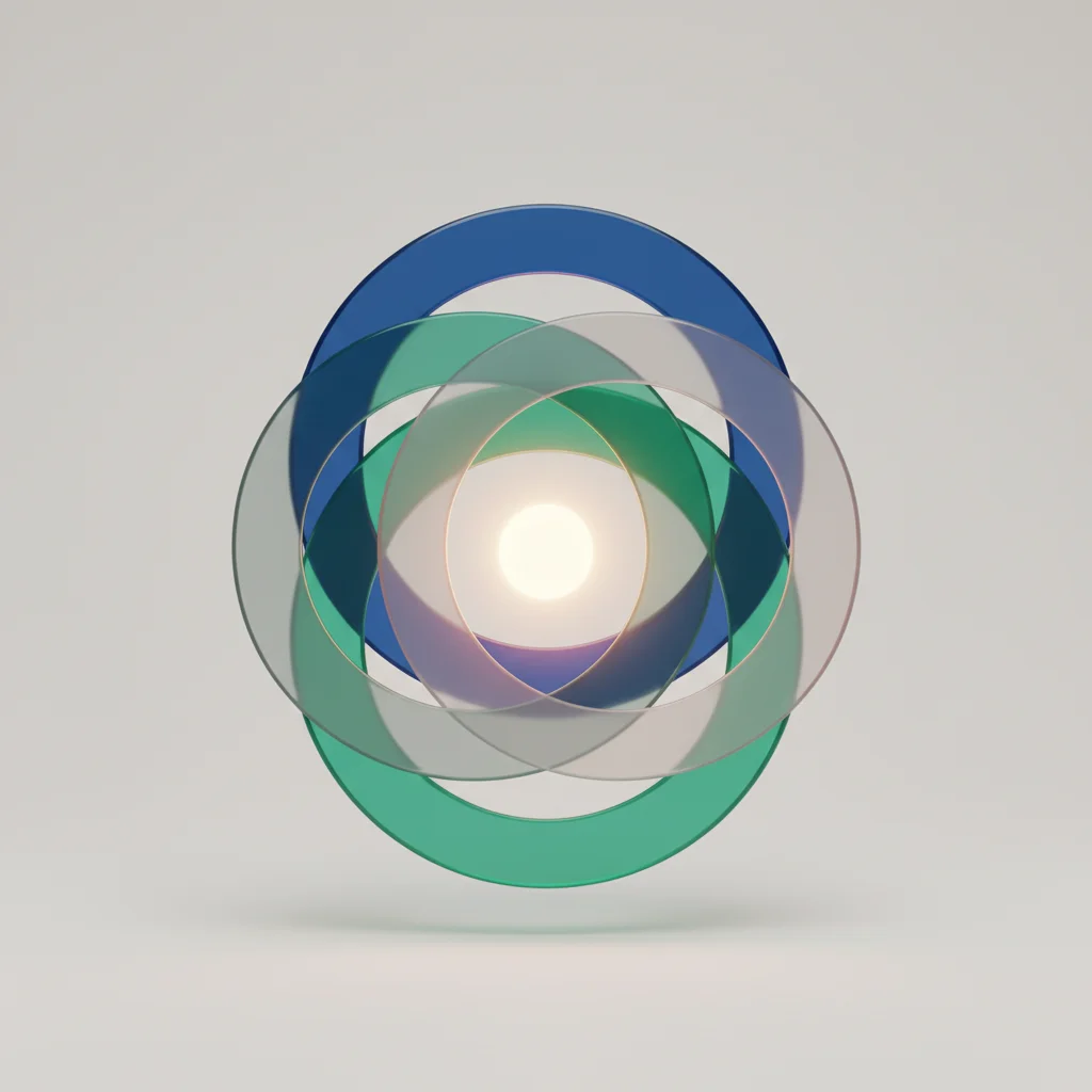 A professional symbolic illustration of overlapping glowing rings showing content intersections and gaps