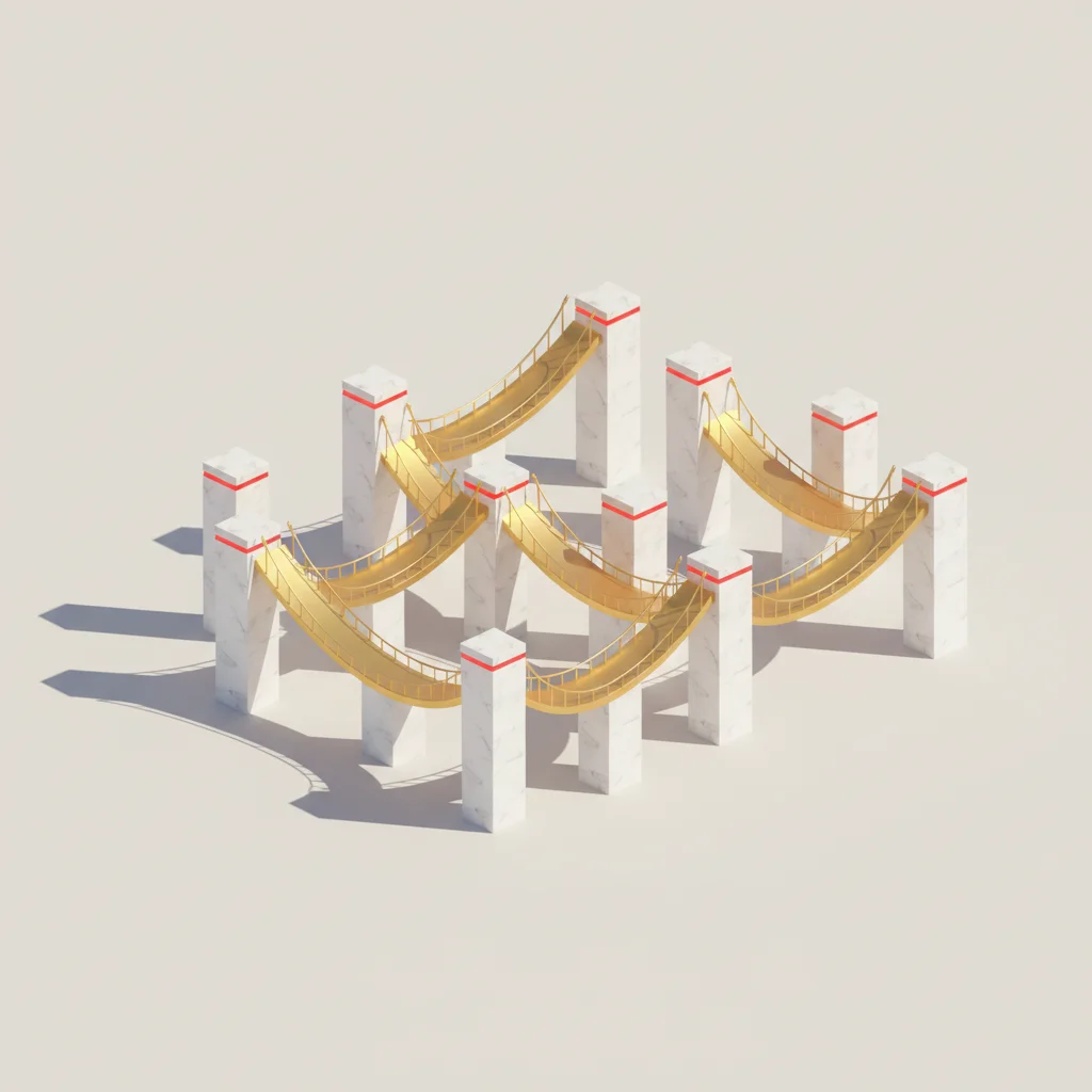 A symbolic corporate illustration of a secure, interconnected web of golden bridges and links