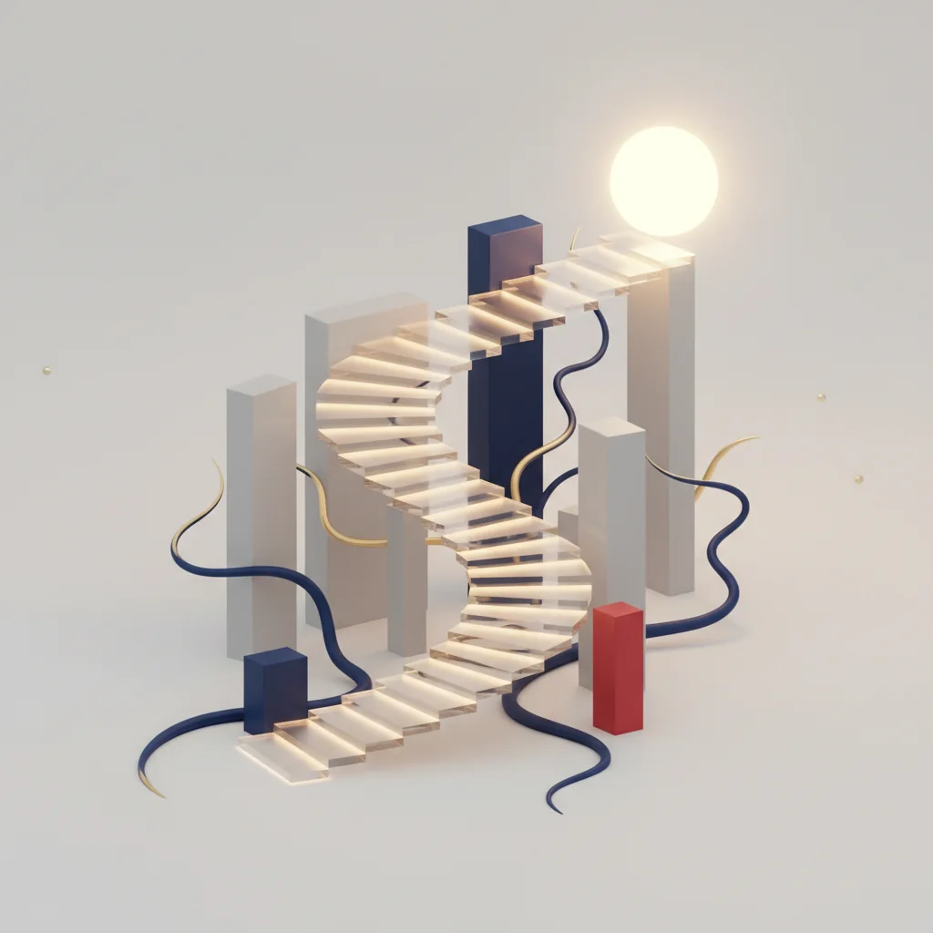 A symbolic editorial illustration of a polished tactical blue-and-gold path leading up to a distant star