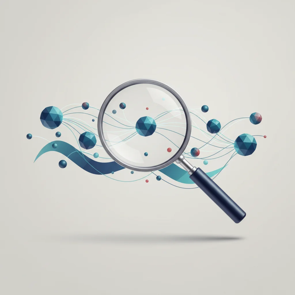 A professional symbolic illustration depicting a magnifying glass analyzing data nodes of interconnected websites