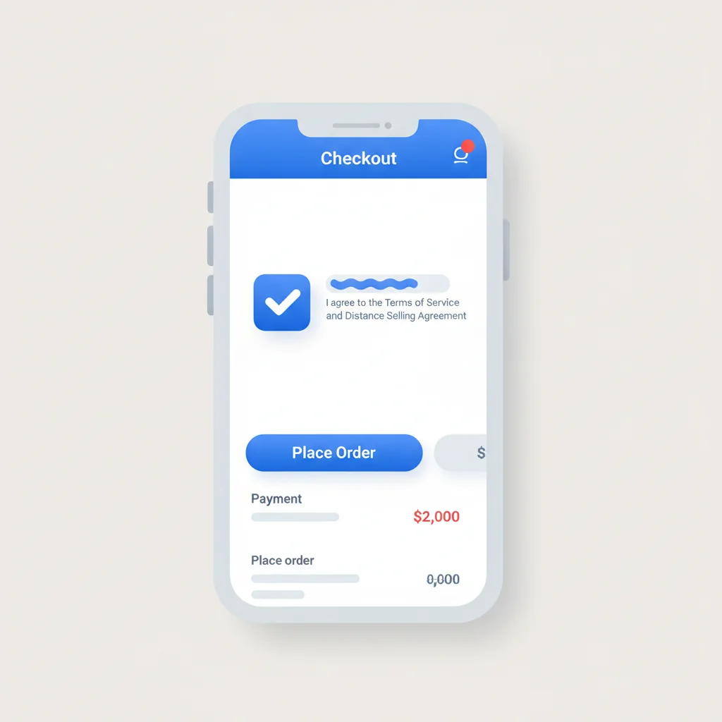 A precise editorial diagram showing a clean mobile checkout screen with an active clickwrap checkbox highlighted