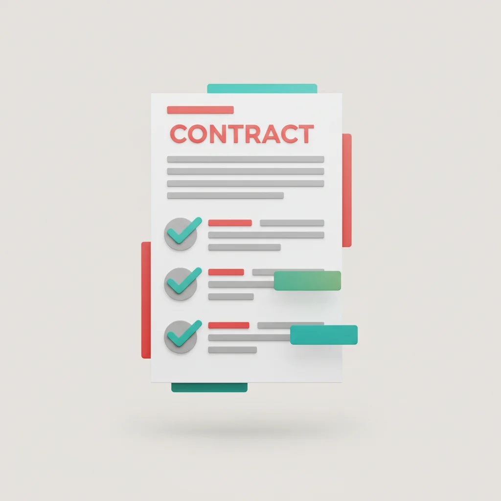 An editorial illustration showing a structured contract document with glowing indicators on specific paragraphs