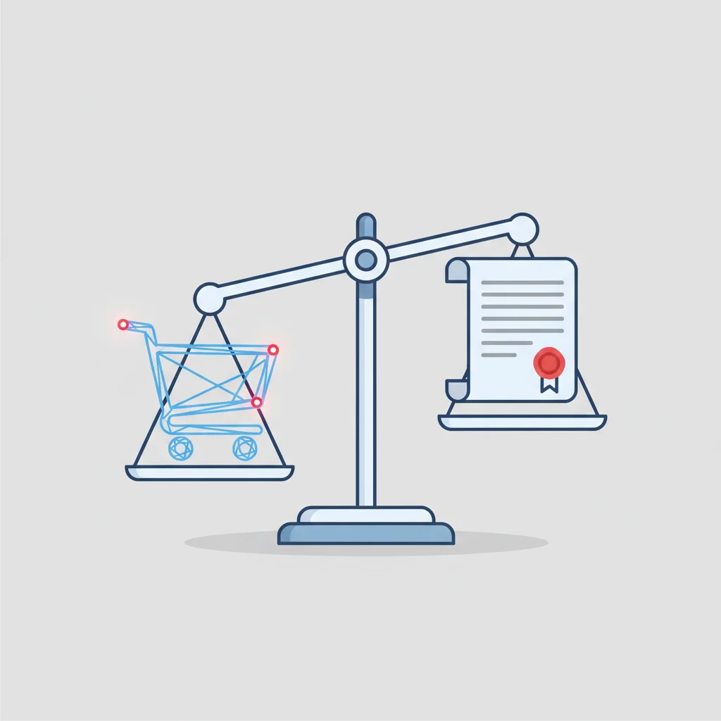 An abstract editorial illustration showing balance scales containing digital shopping carts and legal documents