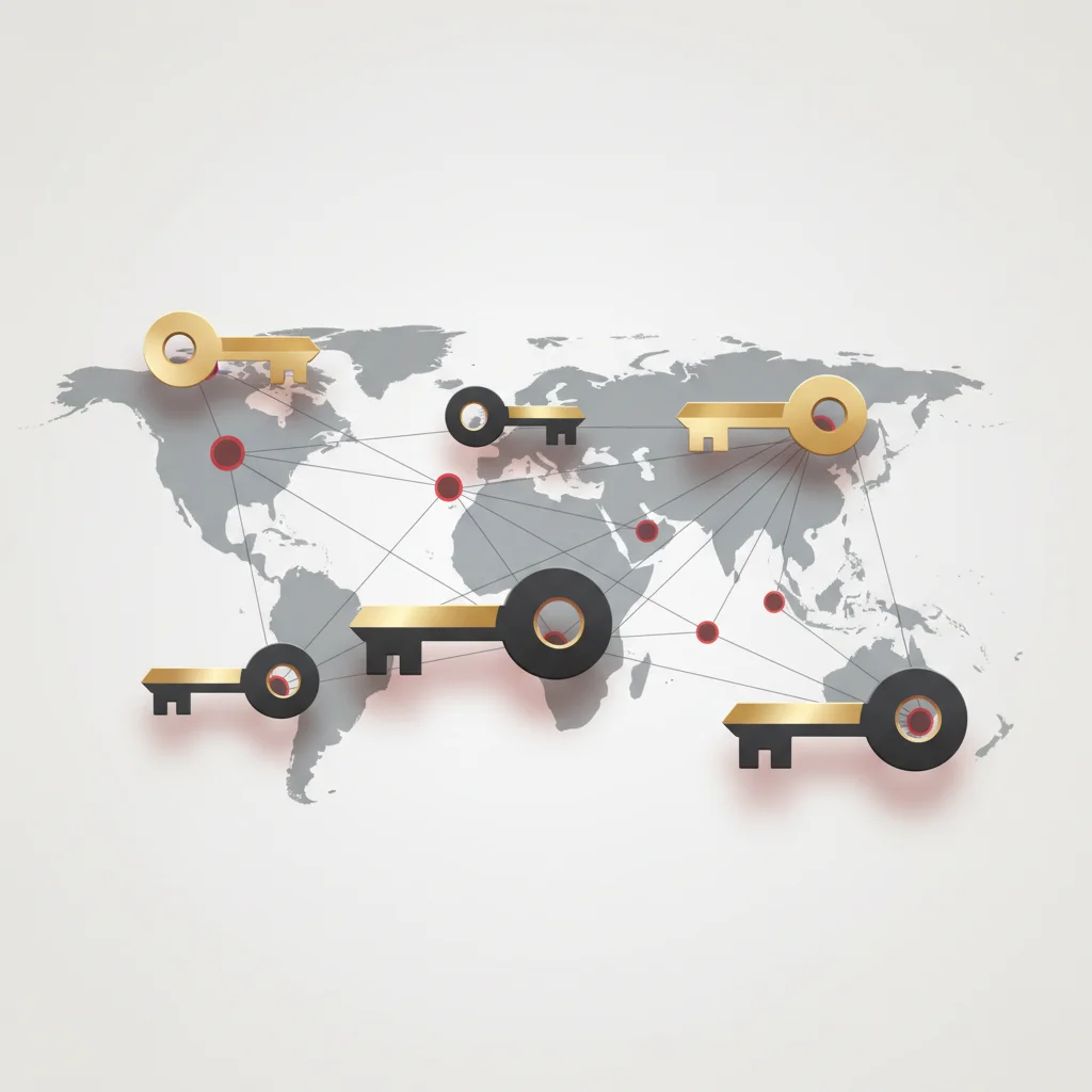 Abstract conceptual illustration of interconnected global nodes and digital keys representing international privacy regulations