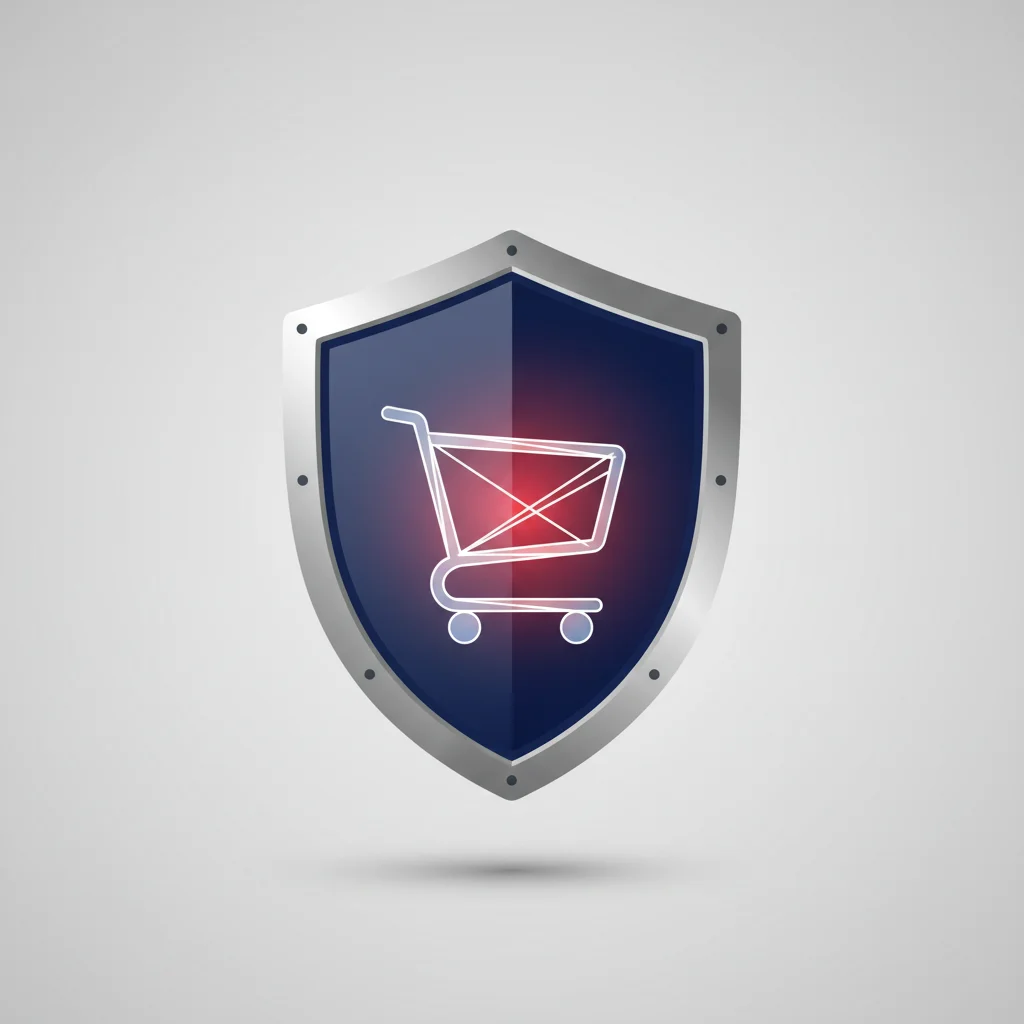 Minimalist symbolic illustration of a digital shield enclosing a glowing transaction cart on a corporate background