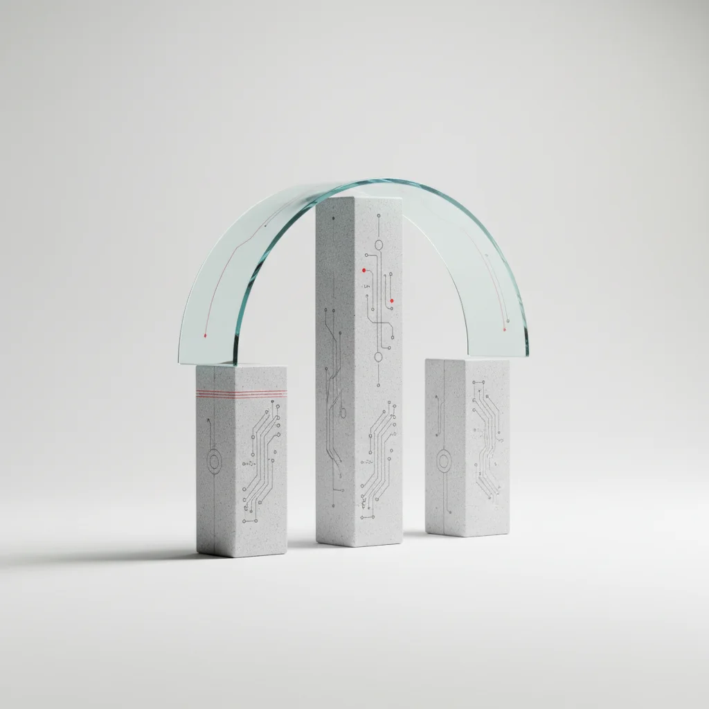 A conceptual illustration of three interlocking geometric pillars representing expertise, uniqueness, and factual validation supporting a digital architectural vault.
