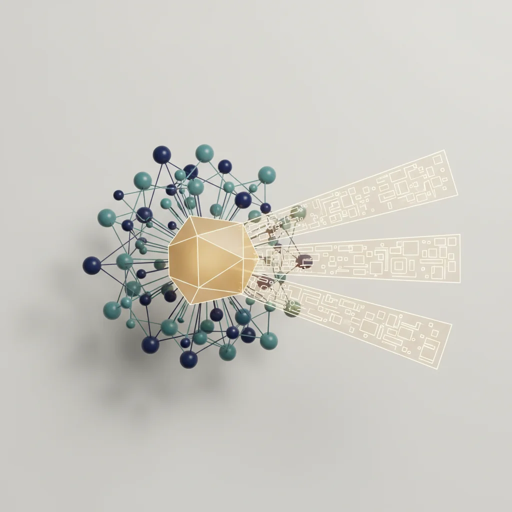 An abstract editorial graphic illustrating structured data nodes feeding into a centralized, illuminated neural processing core, representing generative search synthesis.