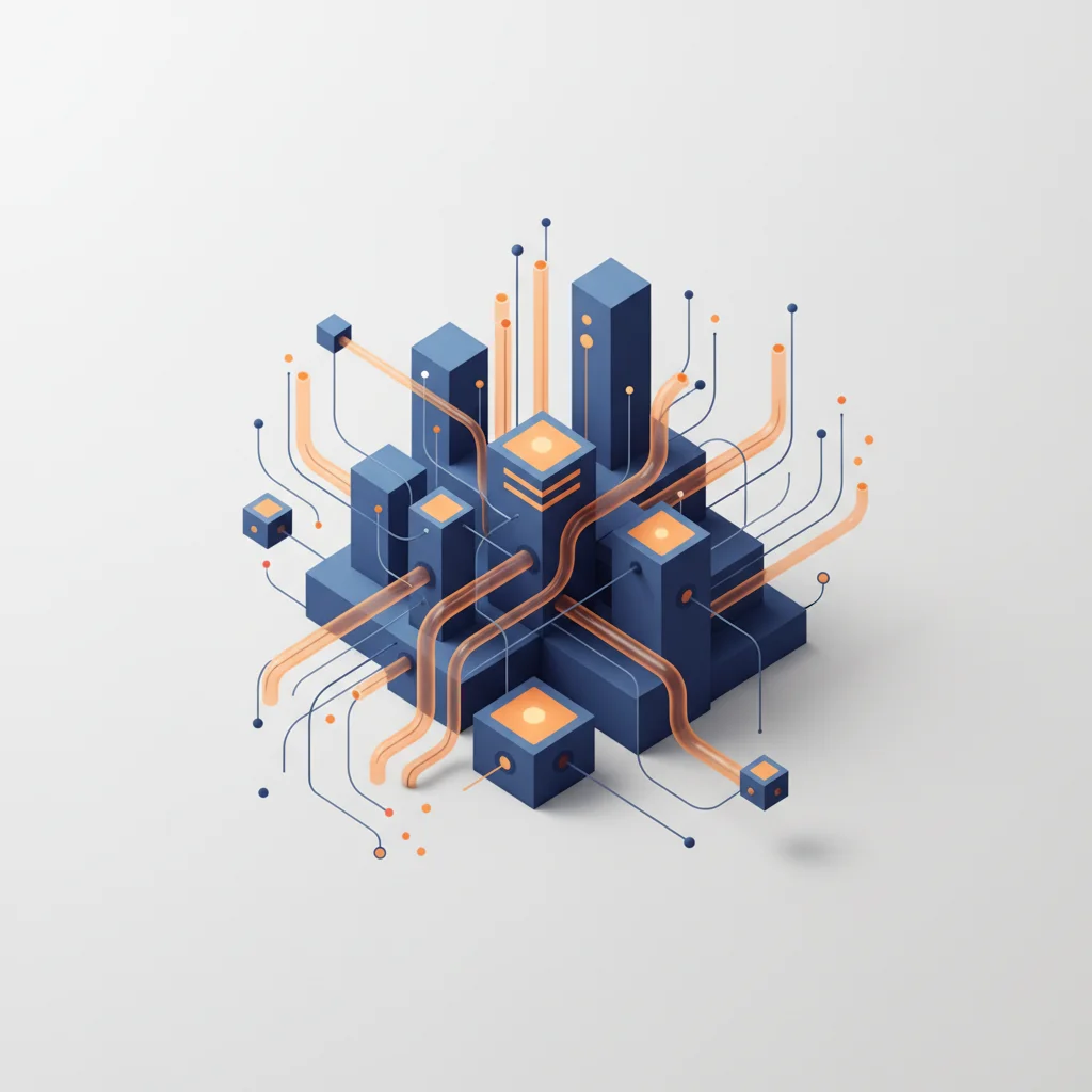 Conceptual editorial illustration depicting neural network data processing and semantic search nodes