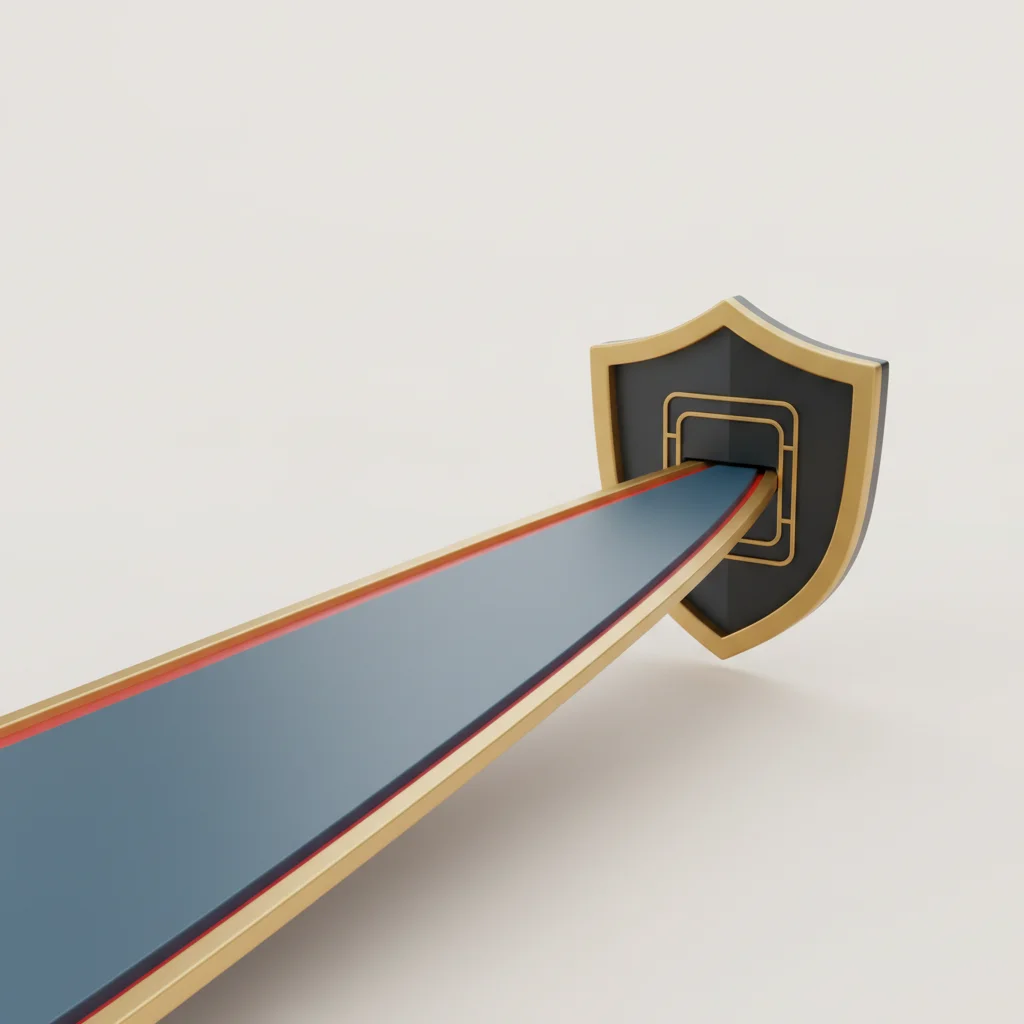 Minimalist editorial illustration showing a stylized security shield integrating with a smooth, continuous path