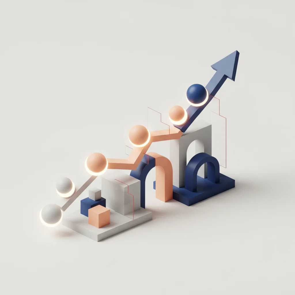 Minimalist symbolic editorial illustration of abstract glowing data nodes ascending an upward curve against a muted corporate blue background