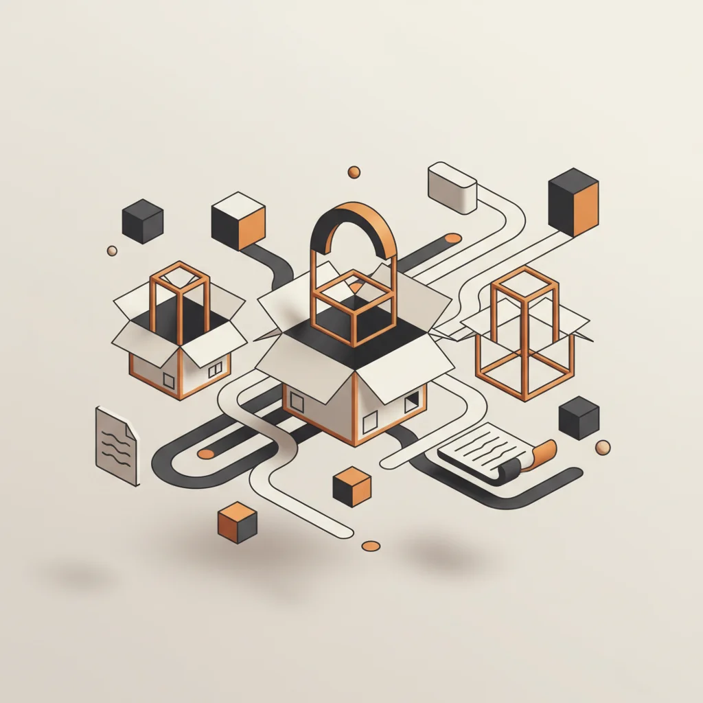 Minimalist editorial illustration showing a perfectly balanced scales of justice combined with open delivery boxes