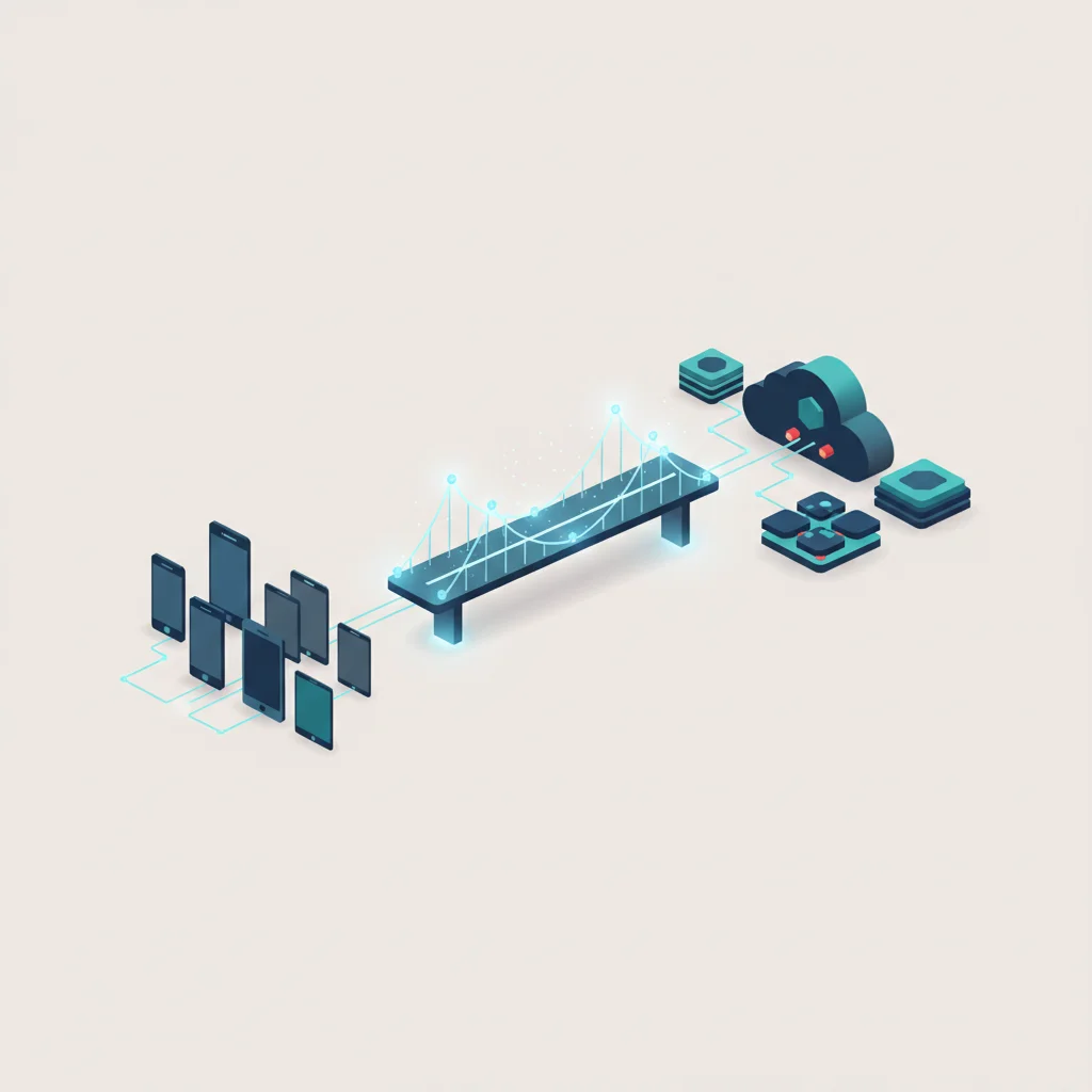A professional architectural view of mobile clients communicating with modular APIs