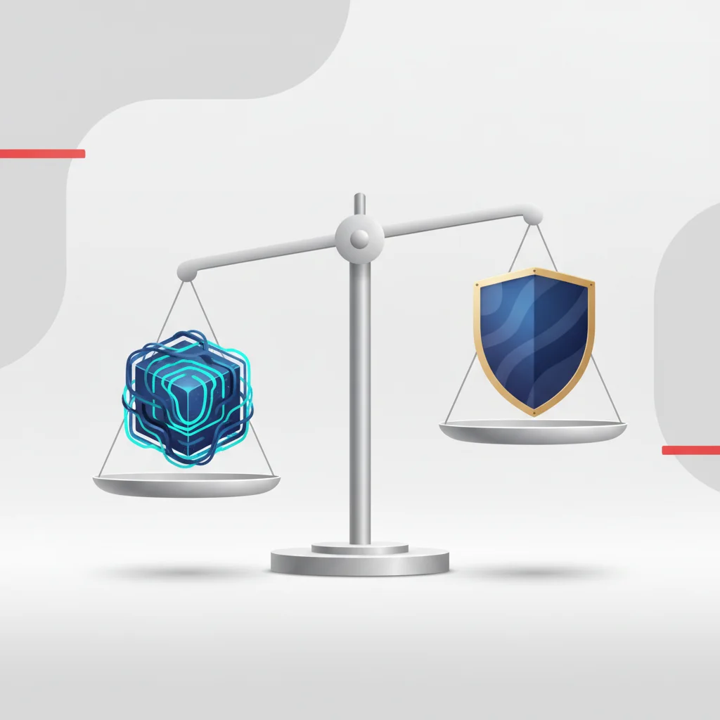 A professional editorial illustration showing a conceptual balanced scale representing app updates and platform stability