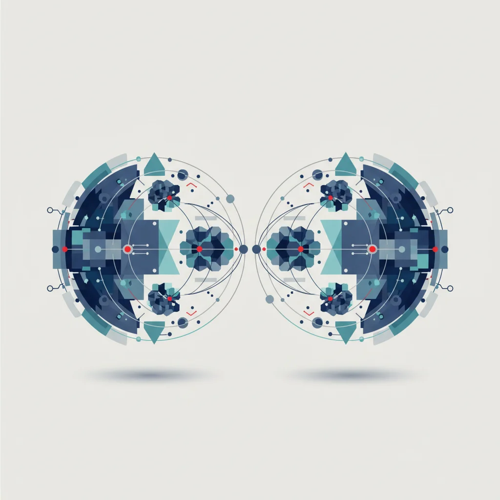 A minimalist, abstract 16:9 modern illustration depicting structural nodes connecting across two organized database structures.