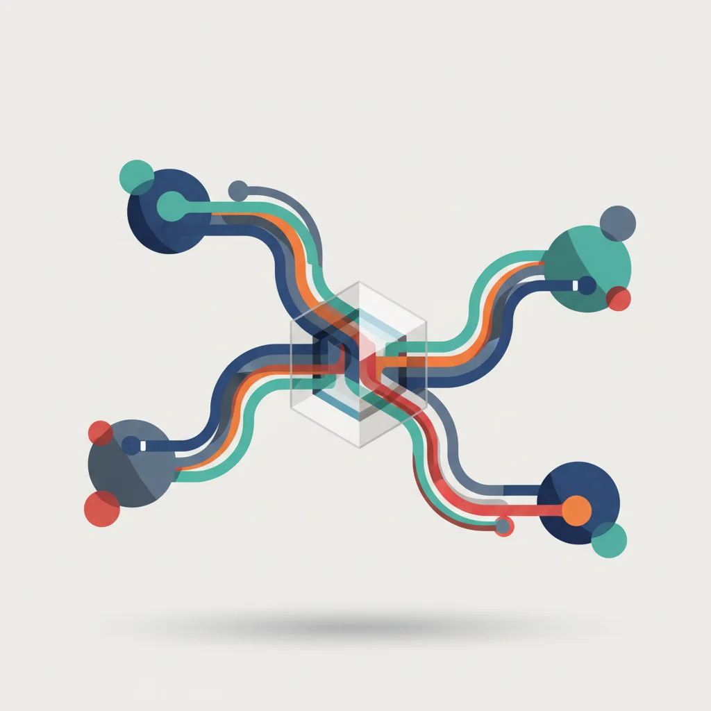 An editorial technical illustration showing data streams merging from conversational search systems into modern analytical frameworks.