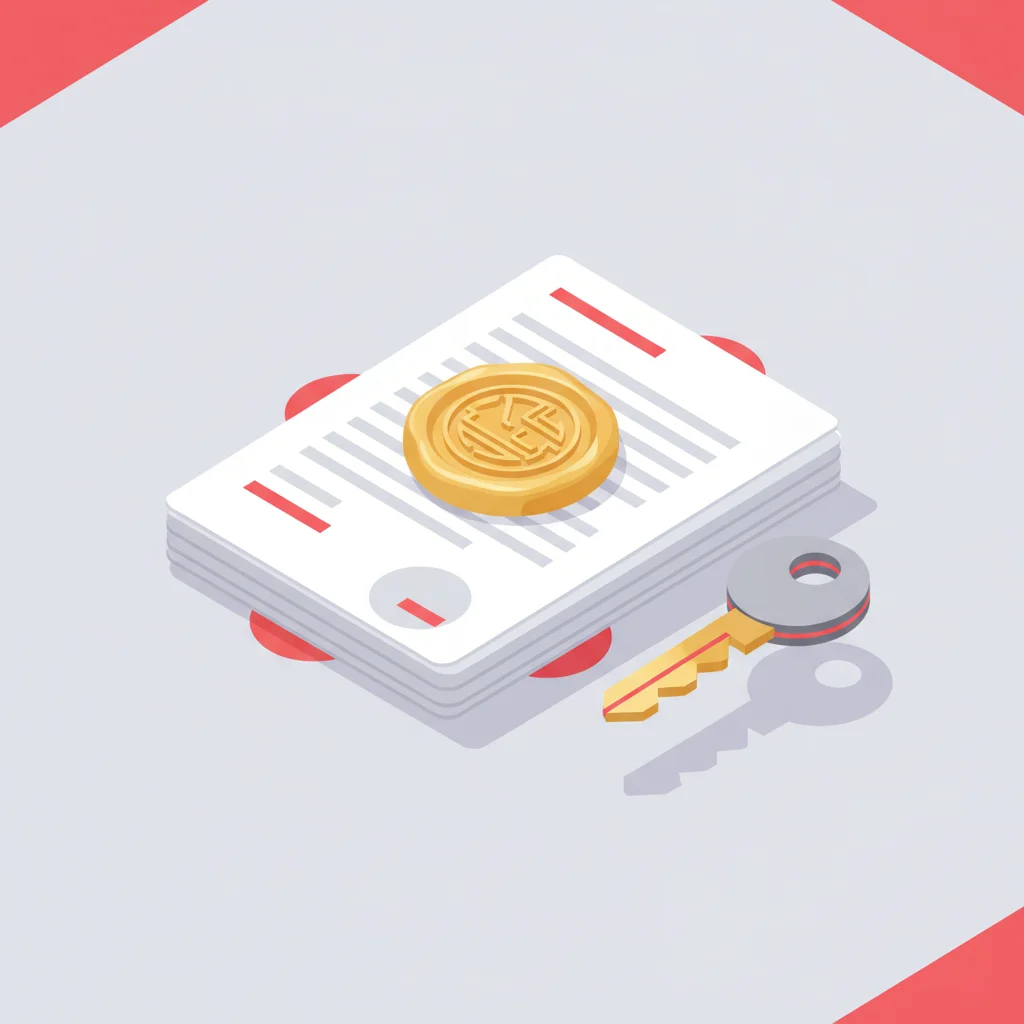 An editorial illustration of corporate documents, tax symbols, and regulatory seals in a clean isometric layout