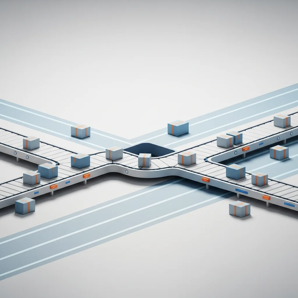 An editorial graphic of a modern package fulfillment facility with optimized sorting gates and delivery vehicles