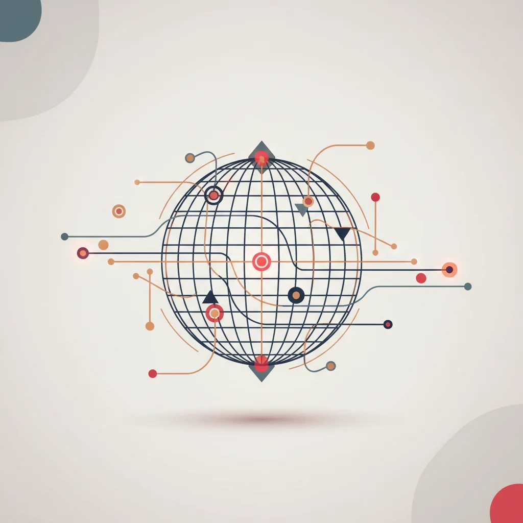 Editorial illustration showing localized geographical coordinate grids linking with commercial business entities