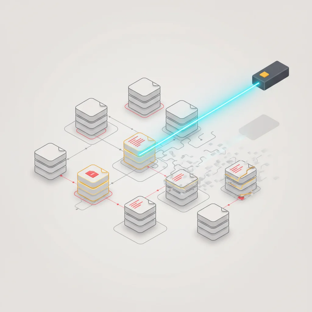 An editorial illustration depicting automated integrity filters scanning a database of product details to prevent error generation.