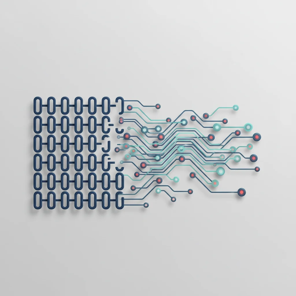 An abstract, professional editorial illustration showing a structured digital matrix morphing into a fluid neural network with connected informational nodes.