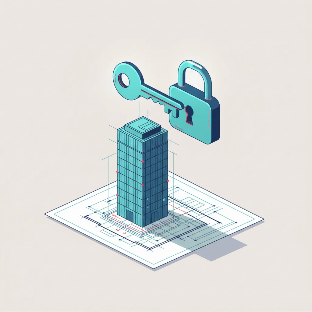 A symbolic editorial illustration depicting digital lock systems integrated with business credentials and map markers.