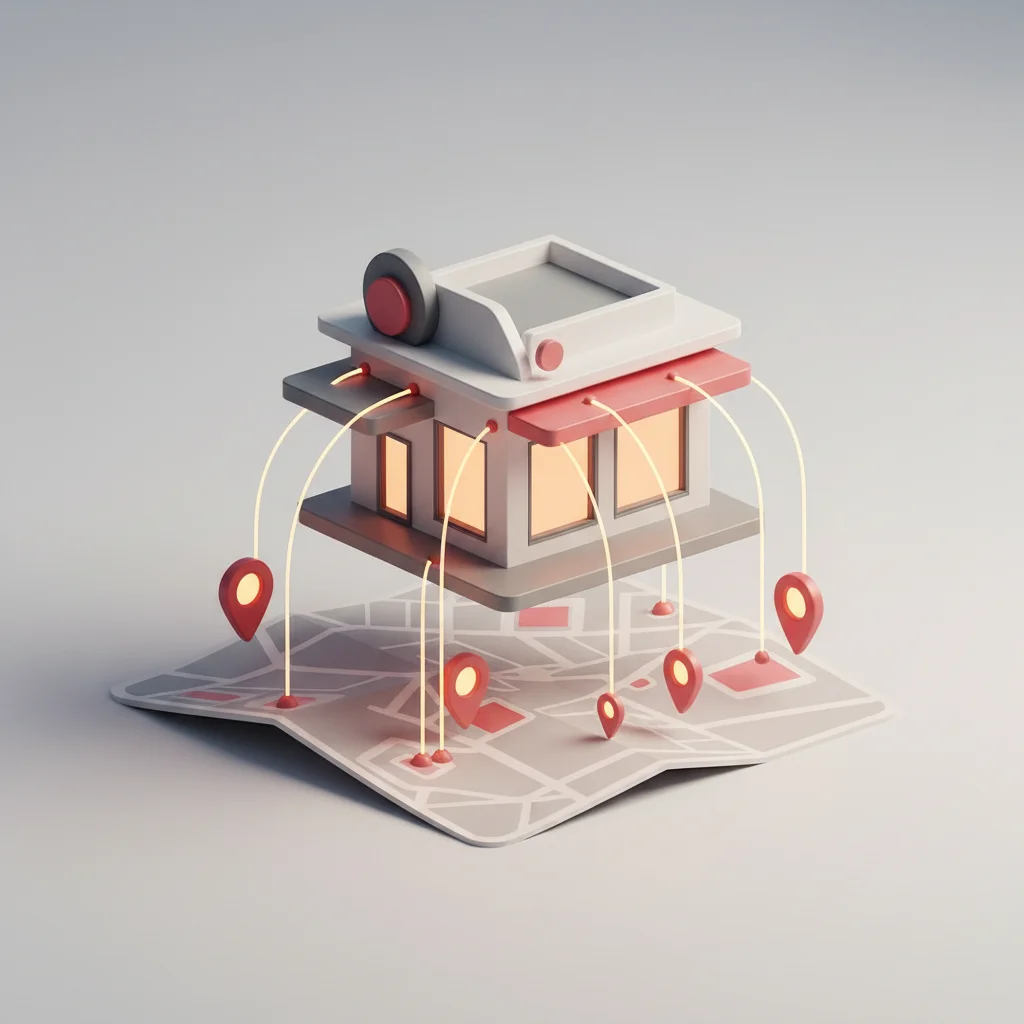 A symbolic editorial illustration representing a business profile connecting with localized maps and mobile devices.