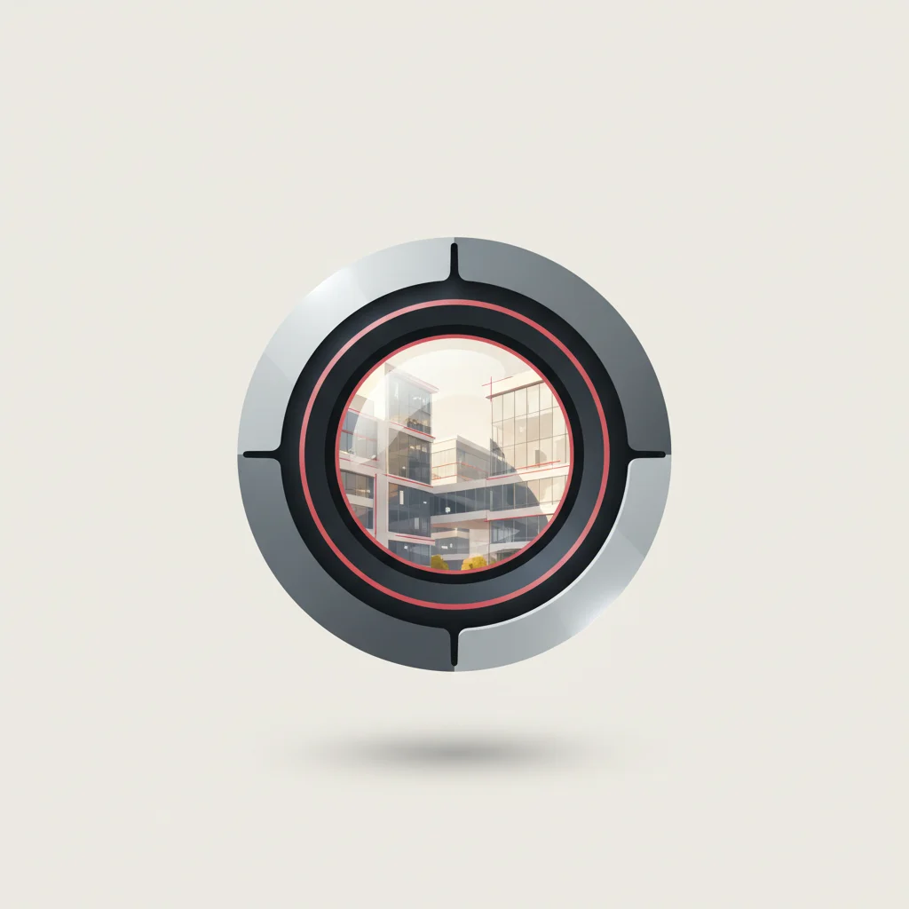 A symbolic editorial illustration showing a high-tech camera aperture focusing on a stylized corporate building storefront.