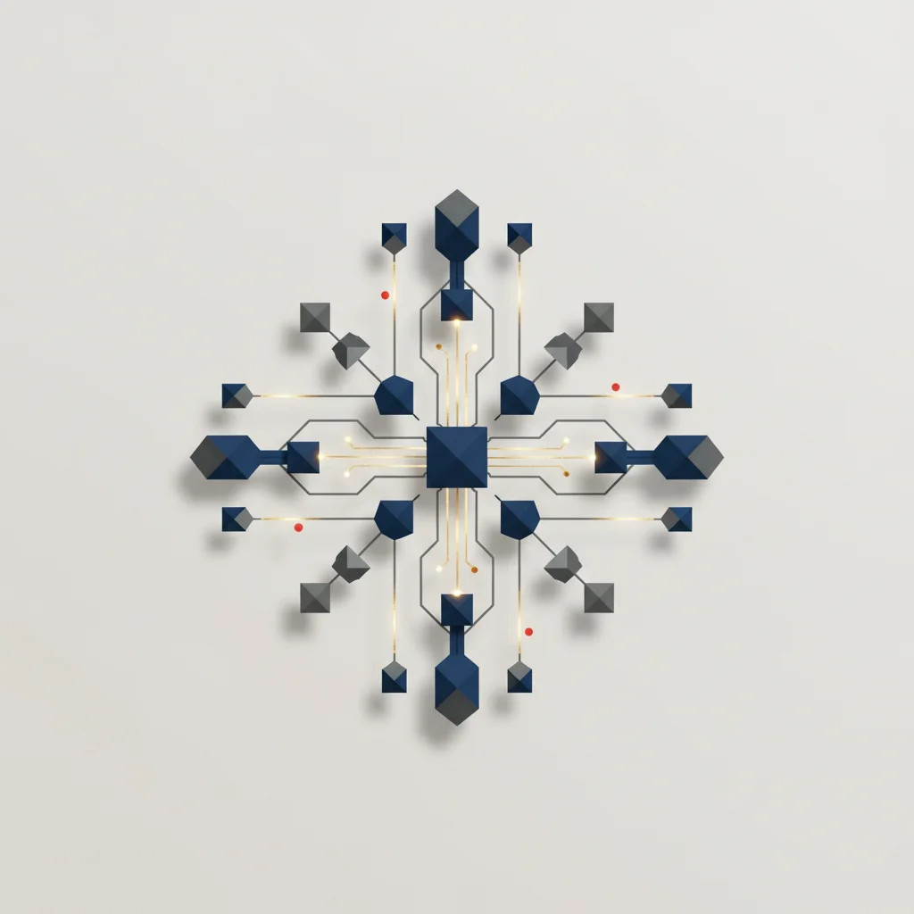 An abstract digital blueprint showing structured nodes connected in a clean, balanced web of illuminated pathways