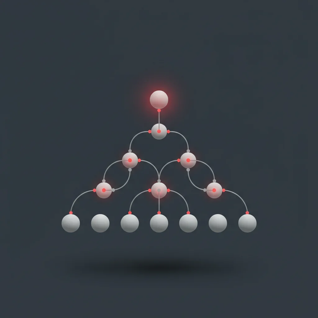A clean geometric pyramid structure showing a top hub branching into mid-level nodes and low-level endpoints