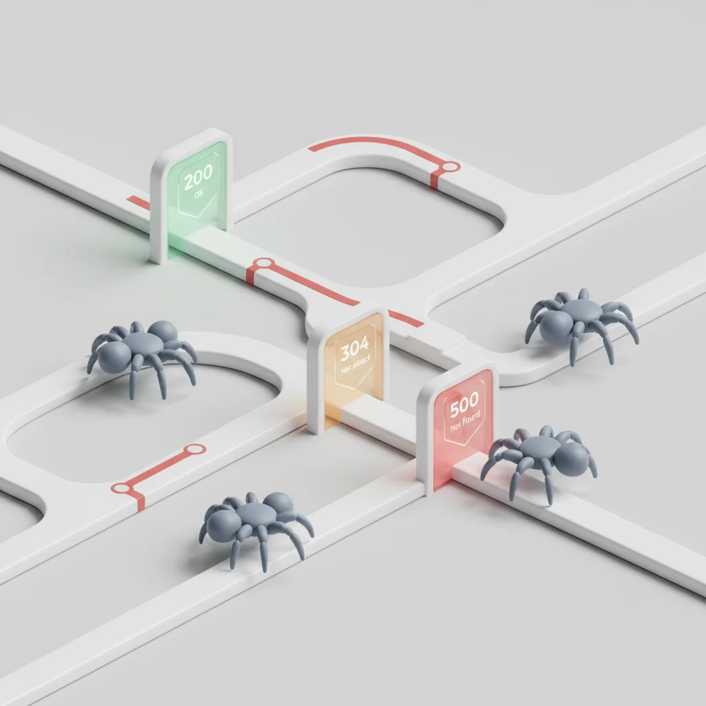 A symbolic editorial design showing crawl paths, indexing spider representations, and digital gates representing indexability.