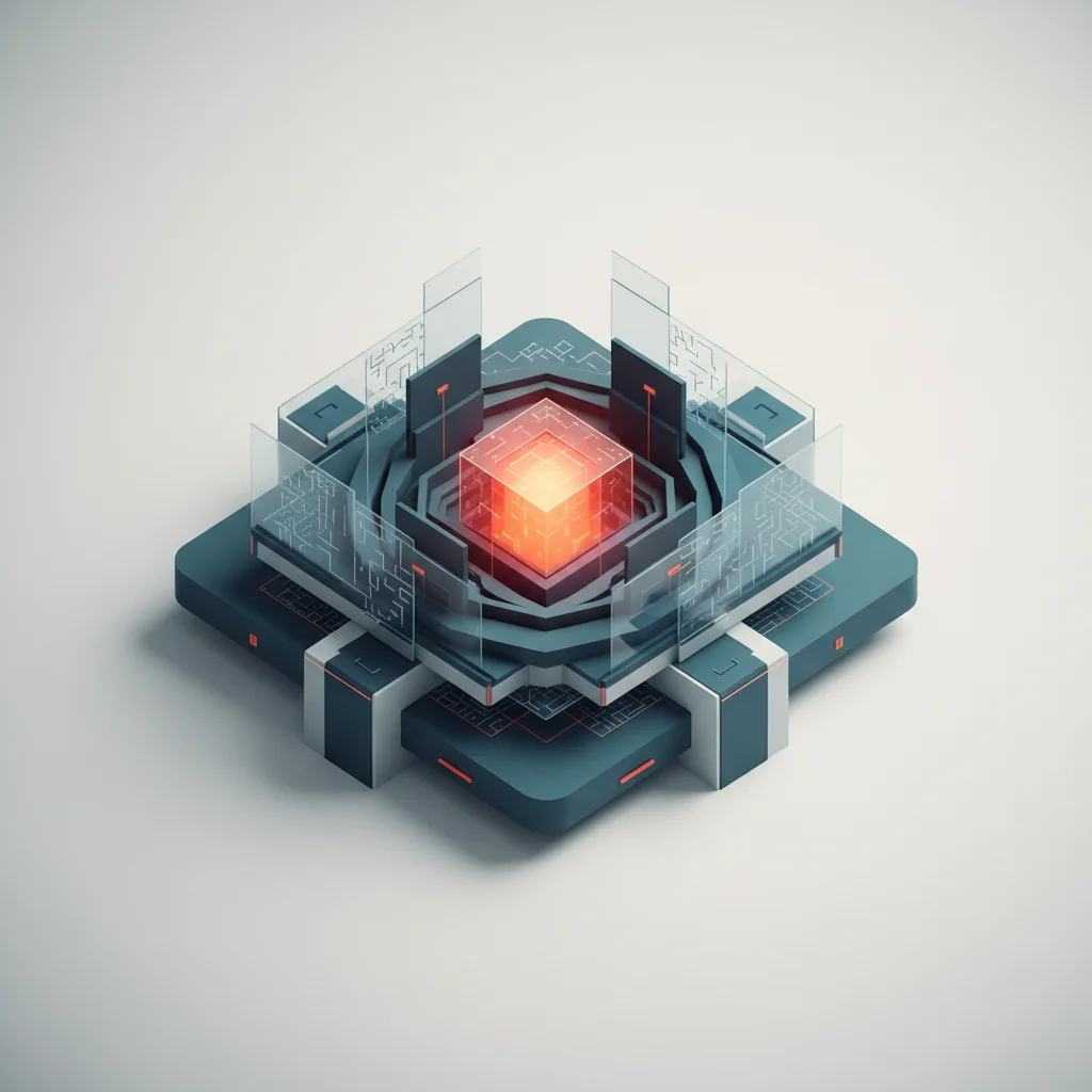 Architectural editorial illustration showing nested security shields and verified data streams
