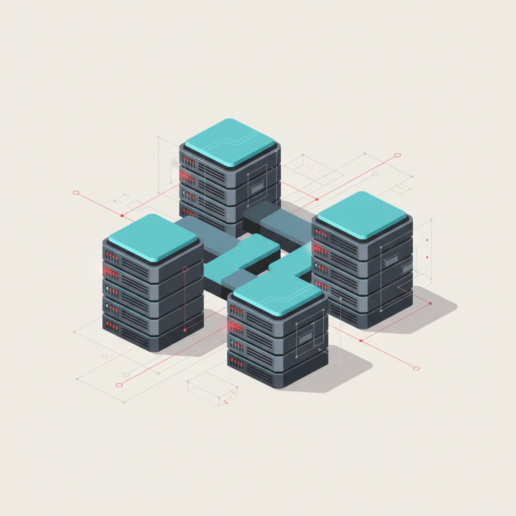 A clean editorial graphic showing stylized server gears, database nodes, and optimization pathways using light, technical line designs