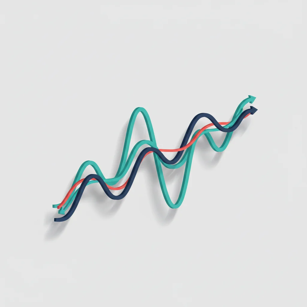 An abstract, professional editorial illustration showing a stylized line graph with distinct periods of high volatility smoothing out over a timeline, using deep corporate blues and teal accents